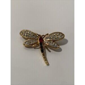 VINTAGE SIGNED ROMAN RED CLEAR RHINESTONE DRAGONFLY BROOCH